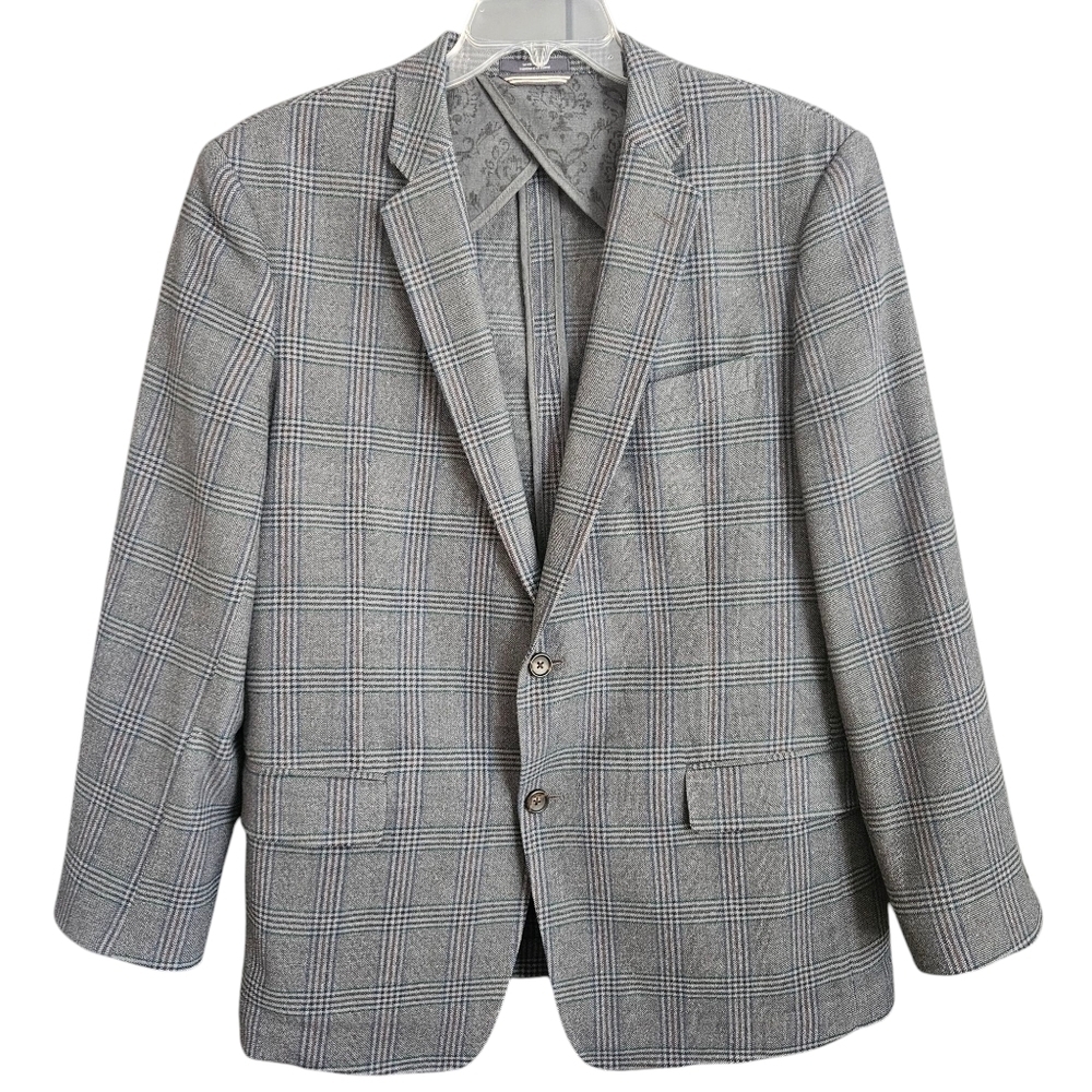 Wallin & Bros Mens 44R Wool Gray Plaid‎ Windowpane Sport Coat Suit Jacket